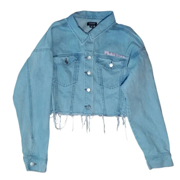 Playboy Distressed Cropped Denim Jacket - Picture 2 of 6